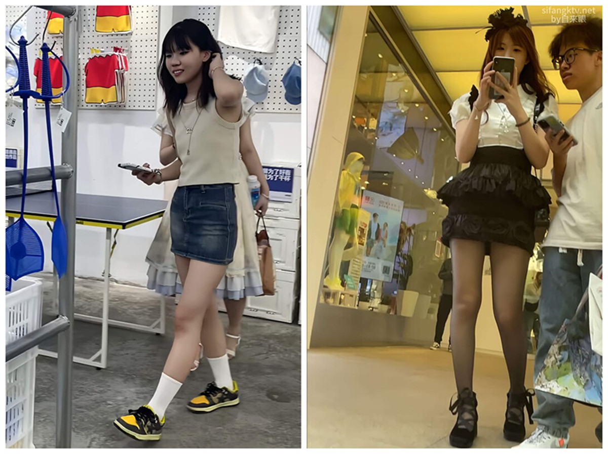 自来眼系列尾随偷拍❤️超短牛仔裙穿着夹屁股缝性感美臀丁字内裤美女可爱纯欲小公主的光滑黑丝高跟美腿裆部